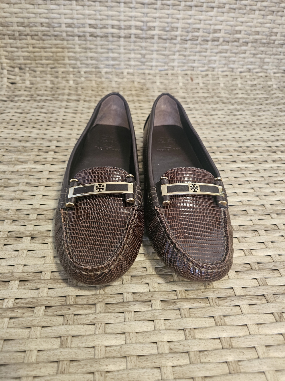 Tory Burch Brown Lizard-Embossed Leather Driving Loafers